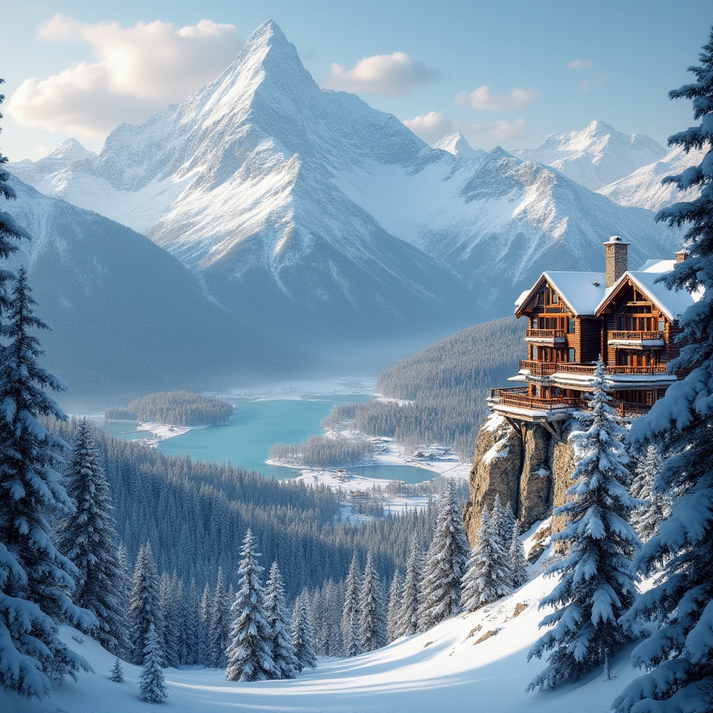 Prompt: Snow-capped mountains, lush forests, serene lakes, winding ski trails, rustic wooden lodges, modern ski lift systems, snow-covered pine trees, frozen waterfalls, icy peaks, frosty morning light, warm cozy fireplaces, natural stone walls, reclaimed wood accents, earthy color palette, organic textures, shallow depth of field, 2/3 composition, panoramic view, realistic snow effects, ambient occlusion.