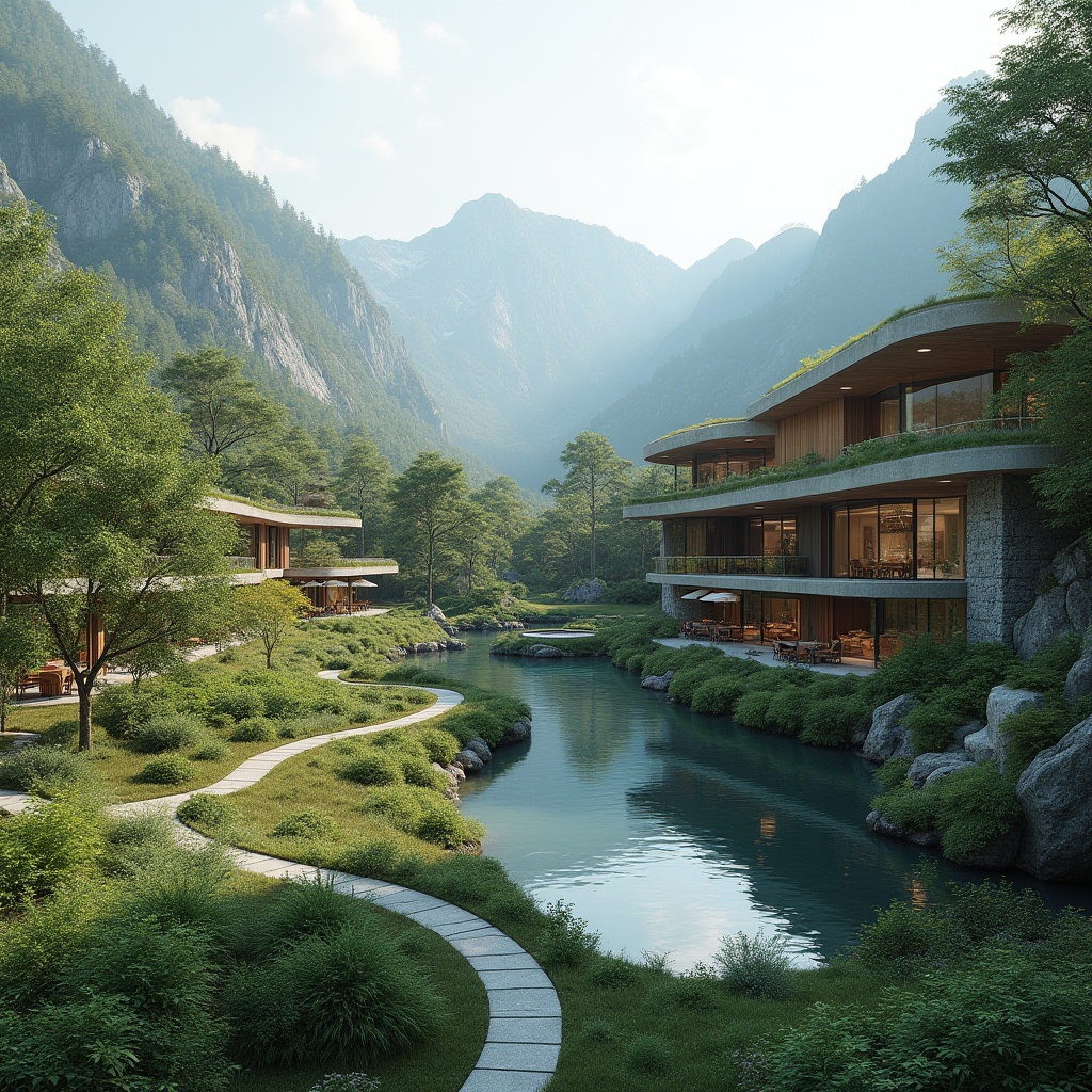 Prompt: Mountainous landscape, serene lake, lush greenery, walking trails, outdoor recreational spaces, modern architectural design, curved lines, sustainable materials, large windows, sliding glass doors, natural stone facades, wooden accents, ambient lighting, shallow depth of field, 3/4 composition, panoramic view, realistic textures, harmonic color palette, eco-friendly systems, rainwater harvesting, green roofs, innovative irrigation methods, scenic overlooks, outdoor seating areas, minimalist landscaping, naturalistic style.