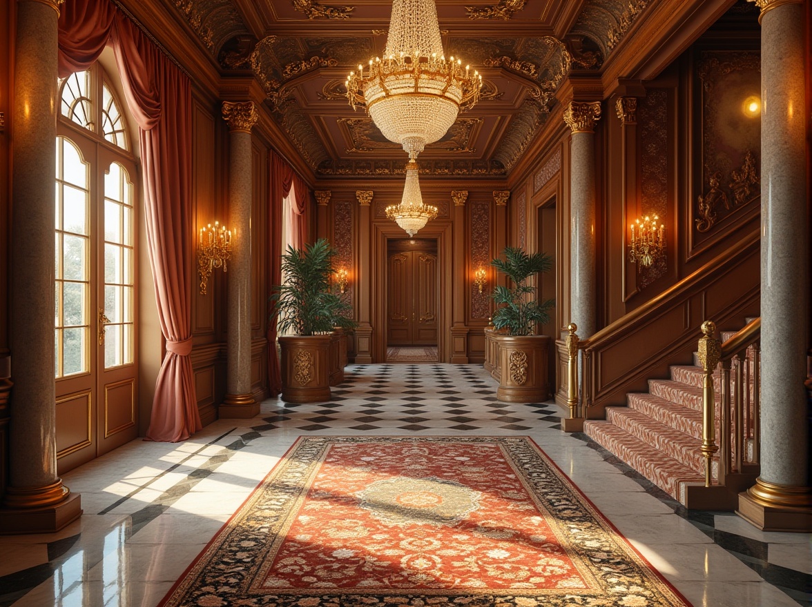 Prompt: Opulent mansion, intricately carved wooden doors, ornate golden fixtures, lavish crystal chandeliers, richly patterned rugs, majestic stone columns, grand staircases, exquisite marble floors, luxurious velvet drapes, intricate fresco ceilings, warm soft lighting, shallow depth of field, 3/4 composition, realistic textures, ambient occlusion.