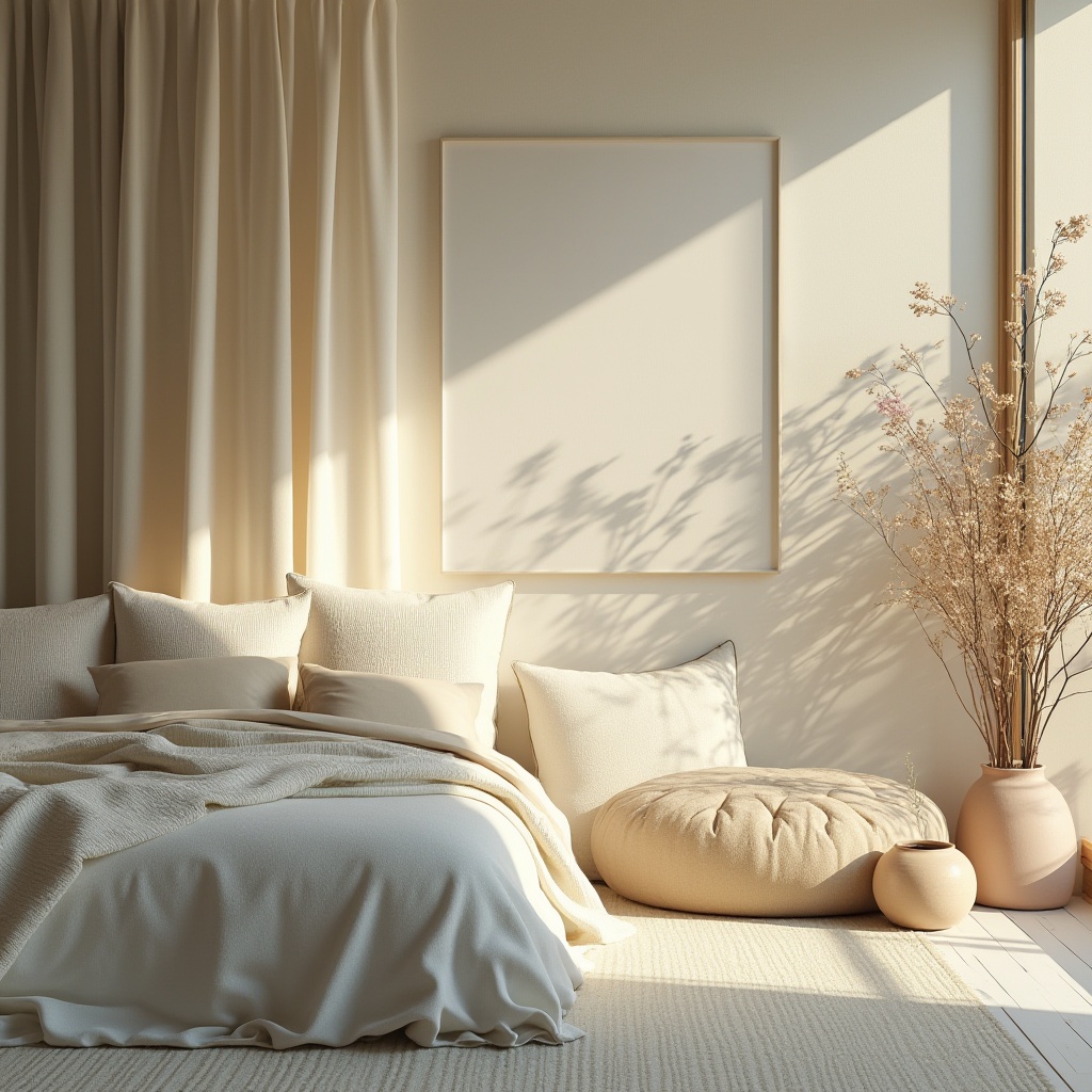 Prompt: Soothing ambient lighting, soft pastel hues, gentle beige tones, calming blues, pale lavenders, muted greens, creamy whites, warm wood accents, natural textiles, plush furnishings, cozy throw blankets, serene botanicals, peaceful water features, misty mornings, warm sunny days, shallow depth of field, 1/1 composition, soft focus, realistic reflections.