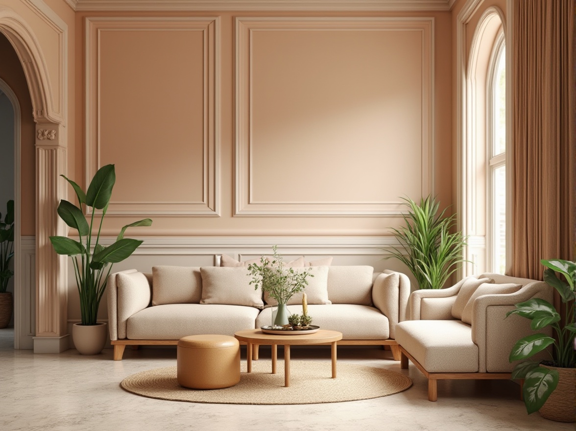 Prompt: Soft peach walls, creamy white trim, rich walnut wood accents, lush greenery, natural stone flooring, warm beige upholstery, golden bronze hardware, subtle texture variations, ambient softbox lighting, 1/2 composition, shallow depth of field, realistic material reflections.