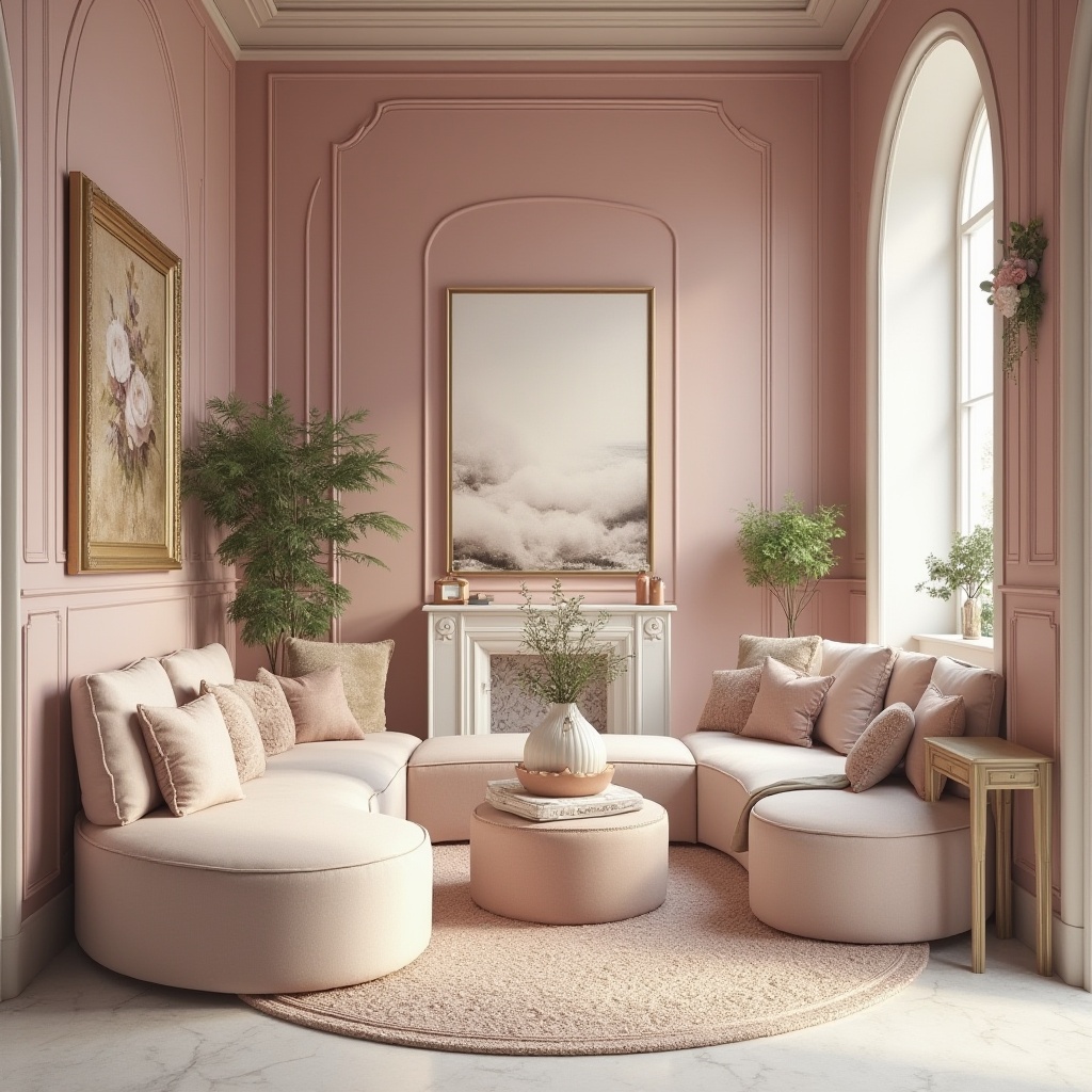 Prompt: Lilac-hued walls, soft peach accents, creamy whites, warm beige tones, rich plum undertones, velvety smooth textures, ornate gold details, delicate lace patterns, whimsical floral arrangements, lush greenery, natural light pouring in, airy open spaces, elegant curves, sophisticated modern furniture, subtle sheen finishes, ambient warm lighting, shallow depth of field, 1/1 composition, intimate close-up shots, realistic subtle textures.