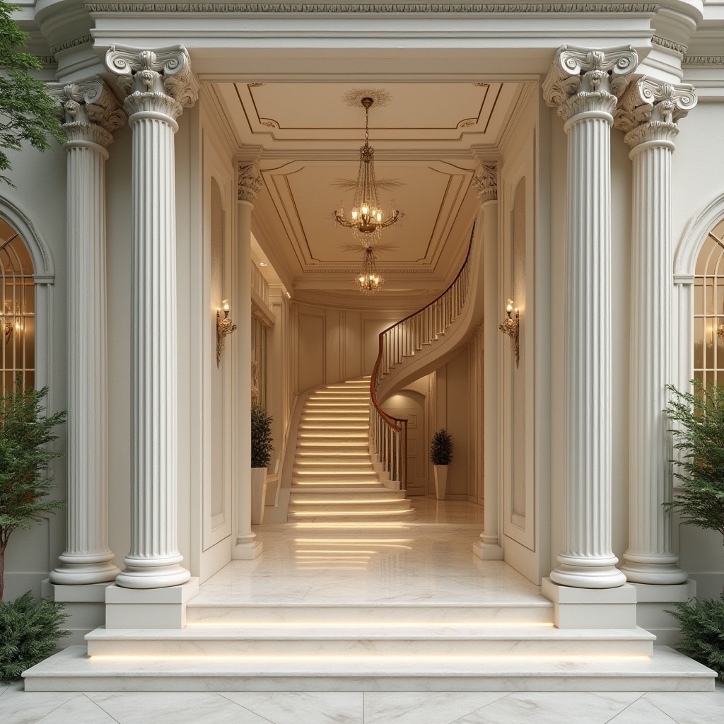 Prompt: Elegant residential facade, Corinthian columns, ornate capitals, rusticated bases, symmetrical composition, balanced proportions, neutral color palette, creamy marble, smooth stucco walls, decorative pilasters, grand entranceways, sweeping staircases, intricate moldings, refined woodwork, luxurious furnishings, warm ambient lighting, soft focus blur, 1/1 composition, natural textures, realistic render.