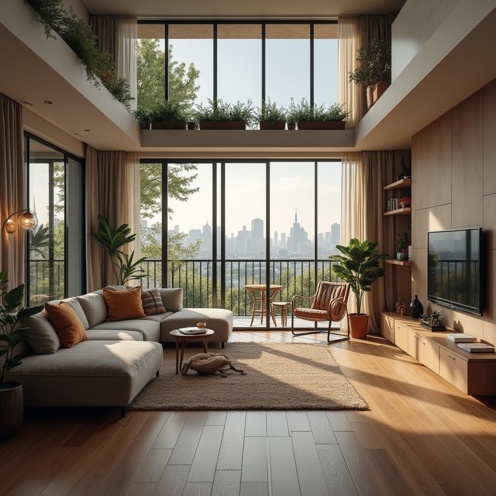 Prompt: Cozy living room, minimalistic decor, natural wood flooring, comfortable sofas, floor-to-ceiling windows, modern minimalist architecture, open-plan layout, functional zones, efficient storage solutions, clever use of vertical space, abundant natural light, warm color scheme, textured rugs, decorative lighting fixtures, greenery-filled balconies, urban cityscape views, 1/1 composition, softbox lighting, shallow depth of field.