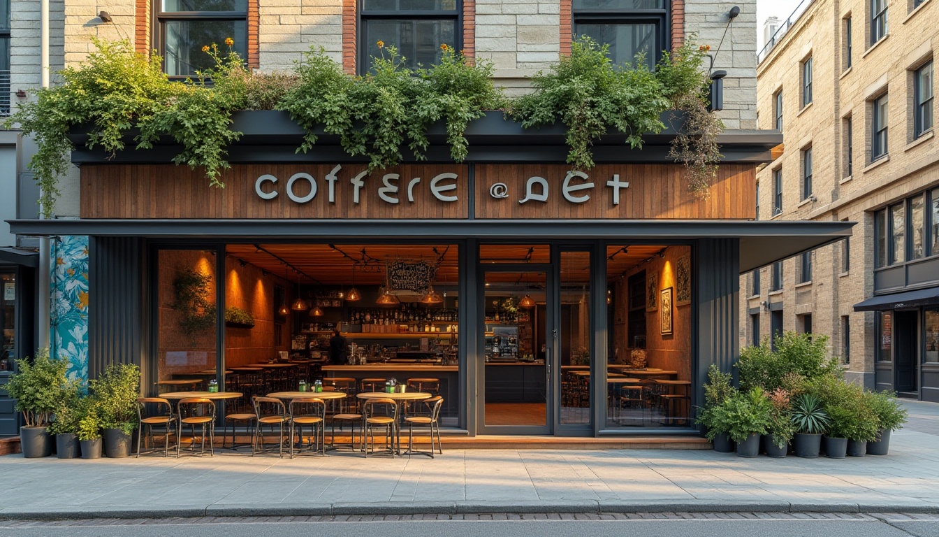 Prompt: Modern coffee shop, minimalist facade, large glass windows, wooden accents, industrial chic aesthetic, urban cityscape, bustling streets, morning sunlight, soft warm lighting, shallow depth of field, 3/4 composition, panoramic view, realistic textures, ambient occlusion, metal frames, reclaimed wood panels, natural stone walls, green roofs, living walls, vertical gardens, modern typography, bold signage, cozy outdoor seating areas, wooden benches, metal tables, potted plants, vibrant colorful murals.