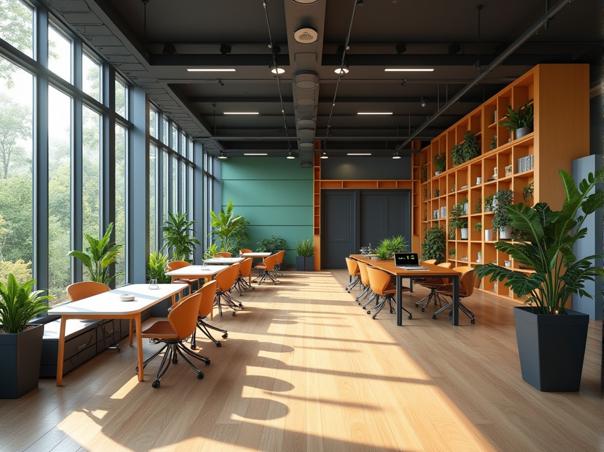 Prompt: Modern office interior, sleek minimalism, polished wooden floors, floor-to-ceiling windows, natural light, collaborative workspaces, ergonomic furniture, modular shelving units, green walls, living plants, geometric patterns, bold color accents, recessed lighting, 1/1 composition, shallow depth of field, realistic textures, ambient occlusion.