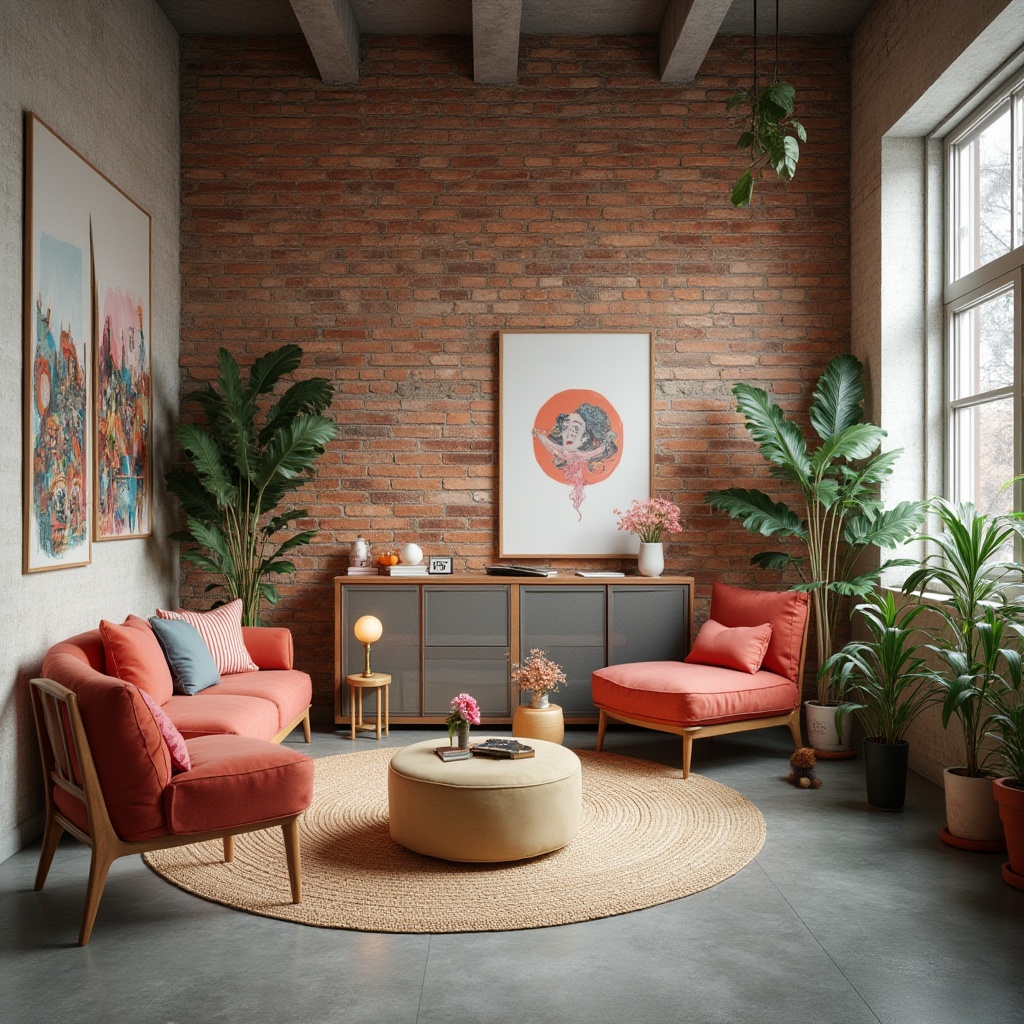 Prompt: Vibrant artistic studio, eclectic furniture, bold typography, abstract art pieces, modern industrial decor, exposed brick walls, polished concrete floors, minimalist chic, pastel color accents, rich wood tones, metallic sheen, soft natural lighting, atmospheric fog, shallow depth of field, 2/3 composition, cinematic view, realistic textures, ambient occlusion.