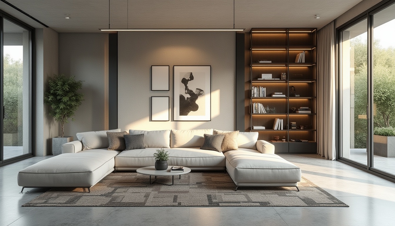 Prompt: Minimalist living room, sleek low-profile furniture, neutral color palette, polished concrete floors, minimalist decor, floor-to-ceiling windows, natural light, industrial chic accents, geometric patterned rugs, monochromatic artwork, hidden storage compartments, multi-functional spaces, open shelving units, matte black metal frames, soft warm lighting, 1/1 composition, shallow depth of field, realistic textures, ambient occlusion.