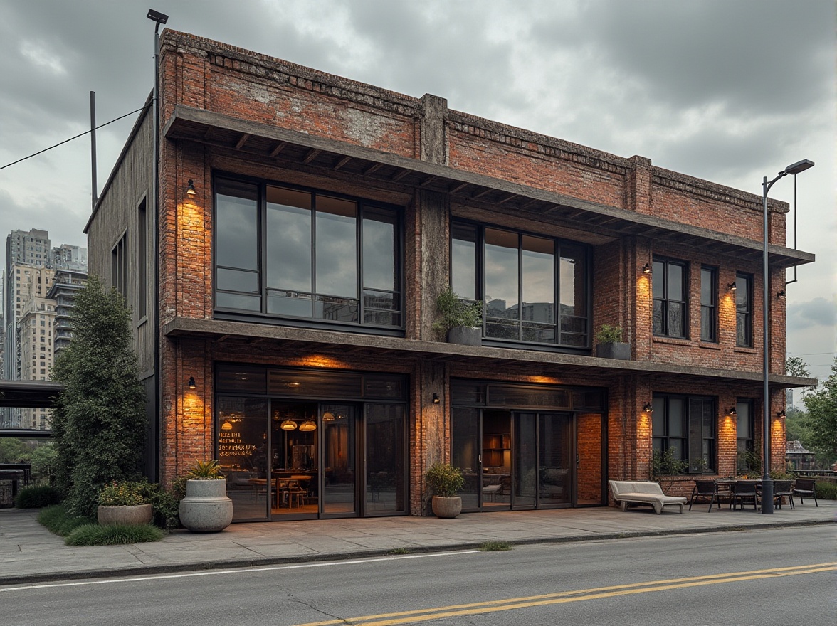 Prompt: Rustic industrial facade, exposed brick walls, metal beams, large windows, sliding glass doors, minimalist aesthetic, functional design, urban landscape, city skyline, cloudy grey sky, diffused natural light, shallow depth of field, 2/3 composition, realistic textures, ambient occlusion, weathered concrete surfaces, corrugated metal cladding, steel frames, reclaimed wood accents, industrial chic decor, vintage factory elements, eclectic modern furniture.