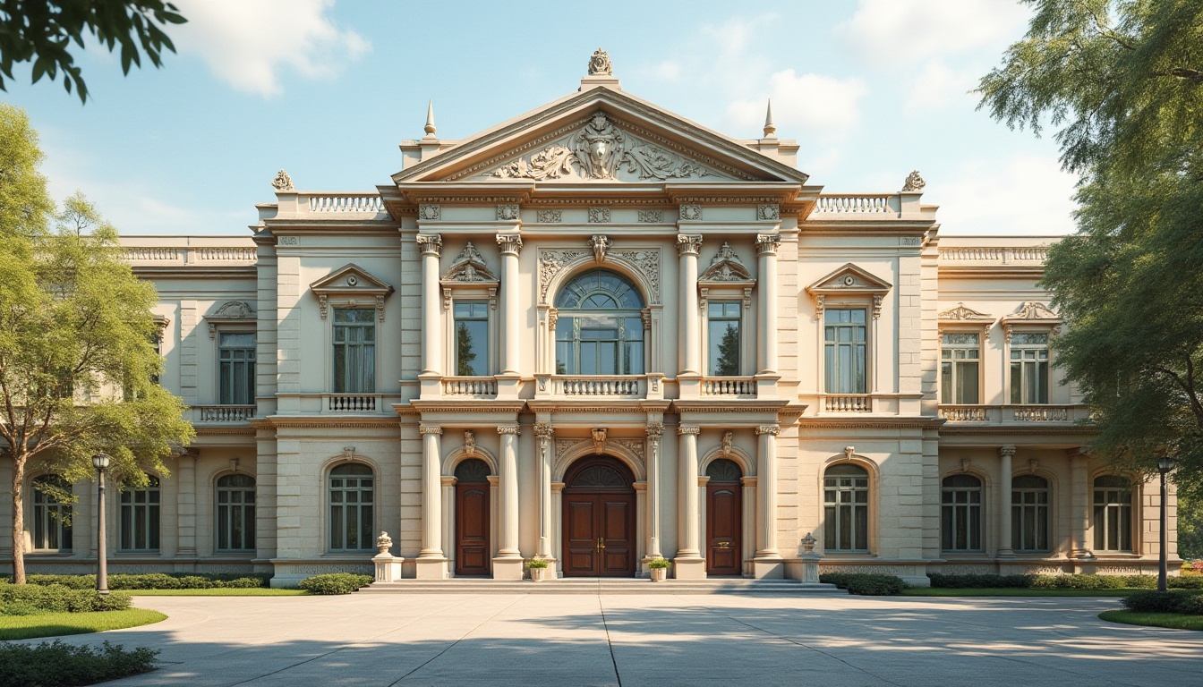 Prompt: Elegant middle school building, classical fa\u00e7ade design, symmetrical composition, ornate stone carvings, Corinthian columns, arched windows, rusticated base, subtle color palette, beige stonework, cream-colored walls, green roof tiles, traditional architectural details, decorative balustrades, intricate moldings, grand entrance doors, polished brass hardware, warm afternoon light, soft shadows, 1/2 composition, realistic textures, ambient occlusion.