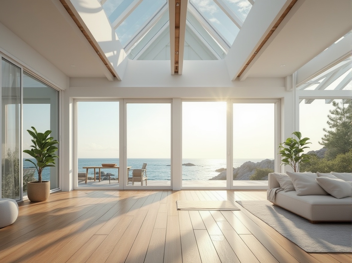 Prompt: Seaside coastal house, large windows, sliding glass doors, ocean views, natural light pouring in, minimal obstructions, open floor plan, high ceilings, skylights, clerestory windows, reflective white walls, polished wooden floors, beachy vibe, nautical accents, sea-inspired color palette, calming atmosphere, soft warm lighting, shallow depth of field, 1/1 composition, panoramic view, realistic textures, ambient occlusion.