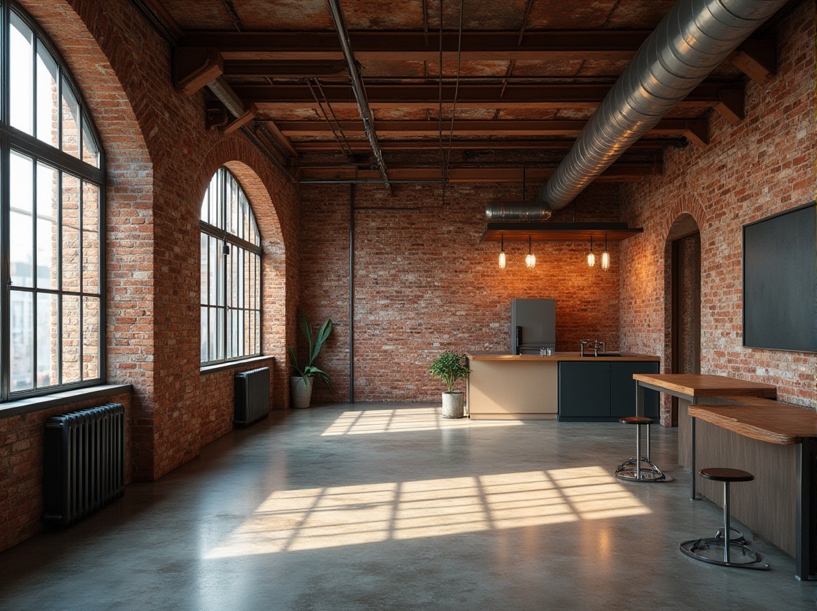 Prompt: Exposed brick walls, rusty metal beams, reclaimed wood accents, polished concrete floors, industrial-style lighting fixtures, minimalist decor, functional simplicity, earthy color palette, distressed textures, urban loft atmosphere, high ceilings, open spaces, natural light pouring in, soft warm glow, 3/4 composition, shallow depth of field, realistic rendering.