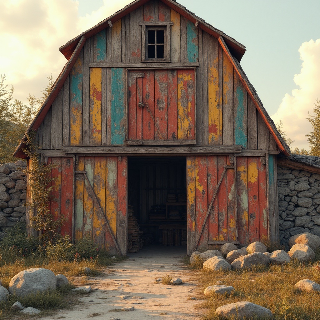 Prompt: Rustic barn, distressed wood, weathered planks, corrugated metal, rough-hewn stones, earthy tones, natural materials, organic forms, expressive brushstrokes, vibrant color palette, abstract patterns, geometric shapes, chunky textures, decaying walls, overgrown vegetation, rural landscape, golden hour, warm soft lighting, shallow depth of field, 1/1 composition, realistic rendering, ambient occlusion.