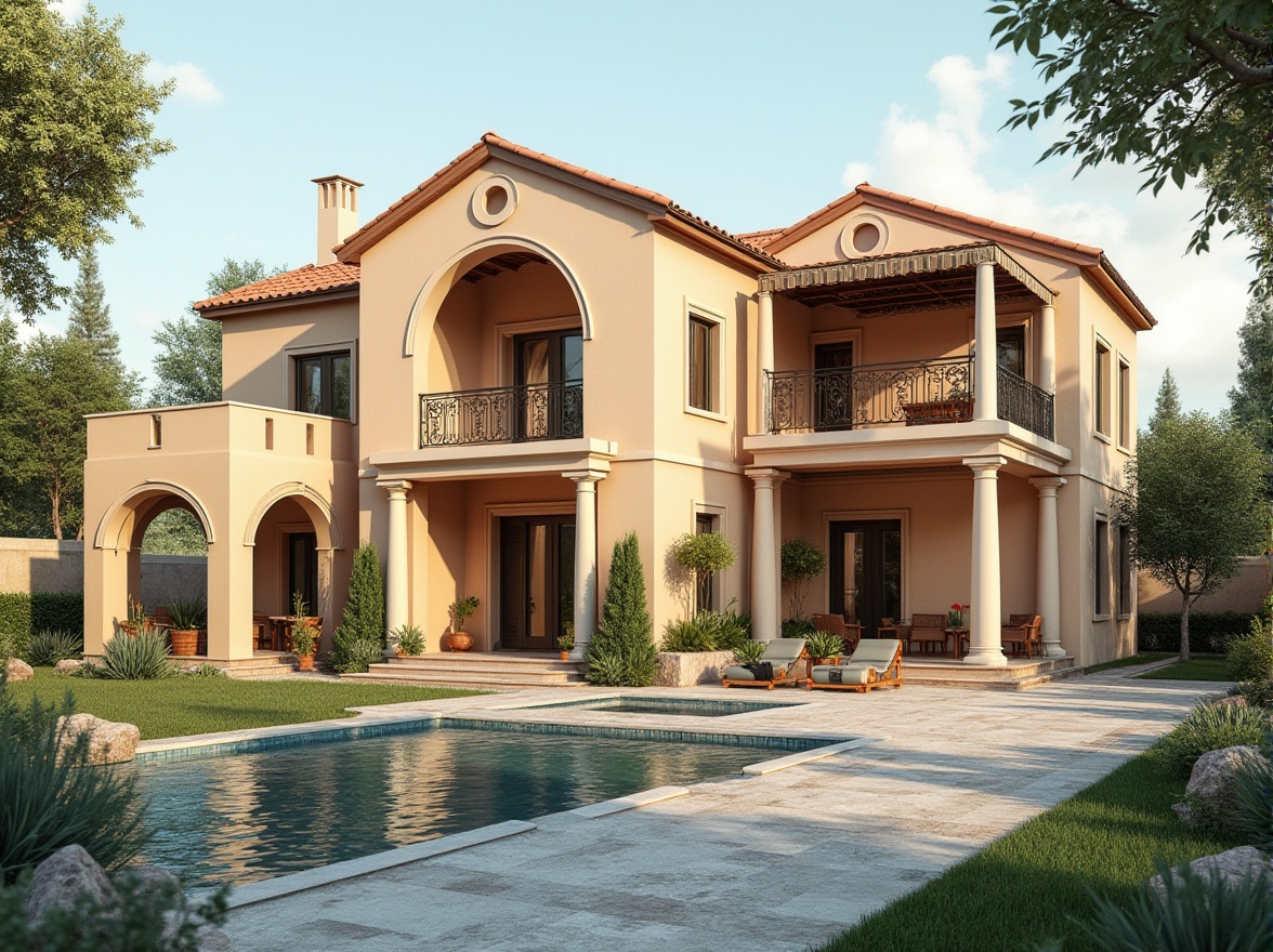 Prompt: Serene villa exterior, warm beige walls, rustic stone accents, lush greenery surroundings, tranquil water features, soft peach tones, calming blue hues, natural wood textures, elegant cream-colored columns, grand entranceways, ornate metalwork details, subtle golden lighting, 1/1 composition, shallow depth of field, realistic renderings, ambient occlusion.