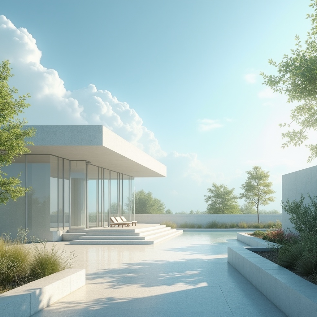 Prompt: Calm atmosphere, soft sky blue hues, white puffy clouds, gentle sunlight, serene landscape, minimalist modern architecture, sleek glass buildings, smooth concrete surfaces, geometric shapes, natural stone accents, subtle gradient effects, 1/1 composition, shallow depth of field, realistic textures, ambient occlusion, vibrant greenery, blooming flowers, peaceful ambiance, warm sunny day, soft focus, panoramic view.