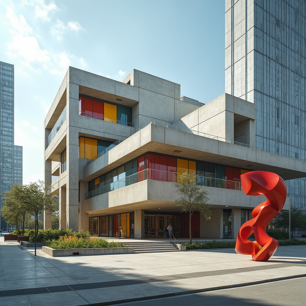 Prompt: Geometric Bauhaus visitor center, asymmetrical facade, cantilevered rooflines, industrial metal cladding, rectangular windows, bold color blocking, abstract art installations, modernist sculpture gardens, urban cityscape, sunny day, high-contrast lighting, shallow depth of field, 2/3 composition, dramatic shadows, brutalist concrete textures, ambient occlusion.