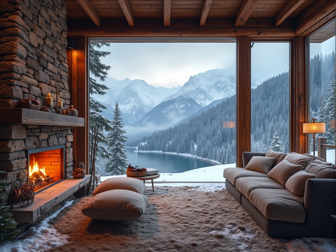 Prompt: Snow-capped mountains, wooden ski lodges, rustic stone walls, earthy tones, natural textures, warm lighting, cozy fireplaces, plush furnishings, wooden accents, metal beams, industrial chic, functional spaces, athletic equipment, snowshoes, skis, snowboards, winter sports gear, frosty mornings, snowy landscapes, frozen lakes, mountain peaks, dramatic vistas, 1/1 composition, high contrast, cinematic mood, atmospheric mist, soft focus, realistic materials, detailed normal maps.