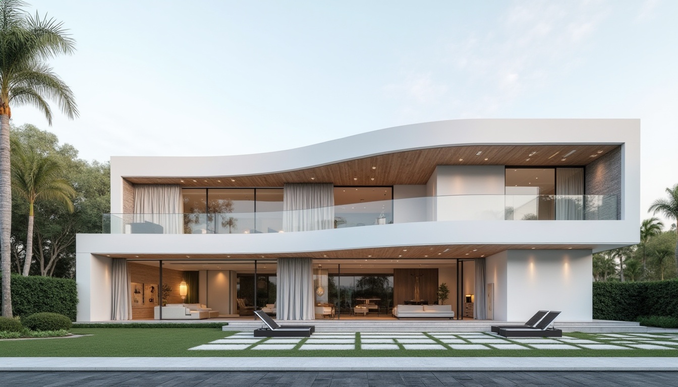 Prompt: Curved villa facade, streamline moderne architecture, minimalist ornamentation, large glass windows, sliding doors, cantilevered roofs, white stucco exterior, horizontal lines, rectangular forms, flat rooflines, modernist design language, natural stone accents, steel frame structures, asymmetrical compositions, abstract patterns, subtle color palette, soft diffused lighting, 1/1 composition, shallow depth of field, realistic materials, ambient occlusion.