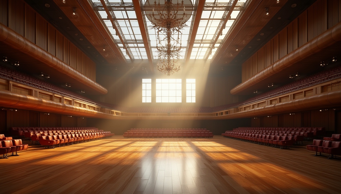 Prompt: Grand auditorium, high ceiling, natural light pouring in, large windows, glass roof, soft warm illumination, subtle shadows, comfortable seating, wooden floors, elegant chandeliers, soundproofing materials, acoustic panels, minimalistic design, functional layout, clear sightlines, unobstructed views, daytime performances, gentle sunbeams, 1/2 composition, realistic textures, ambient occlusion.