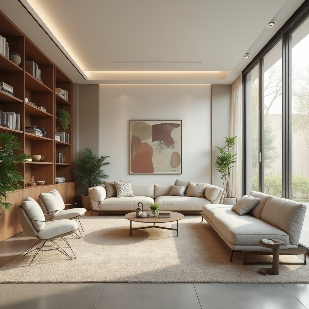 Prompt: Minimalist living room, sleek lines, monochromatic color scheme, comfortable sofas, coffee tables, floor lamps, open shelving, modern artwork, geometric patterns, natural light pouring in, large windows, sliding glass doors, indoor plants, warm beige tones, soft carpeting, ergonomic chairs, spacious walkways, 1/1 composition, shallow depth of field, realistic textures, ambient occlusion.