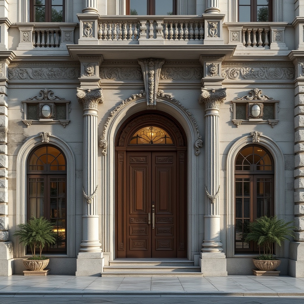 Prompt: Ornate building facade, intricate stone carvings, decorative metalwork, grand entranceways, symmetrical compositions, neutral color palette, elegant proportions, subtle texture variations, ambient lighting effects, soft warm glow, shallow depth of field, 3/4 composition, panoramic view, realistic materials, subtle reflections.