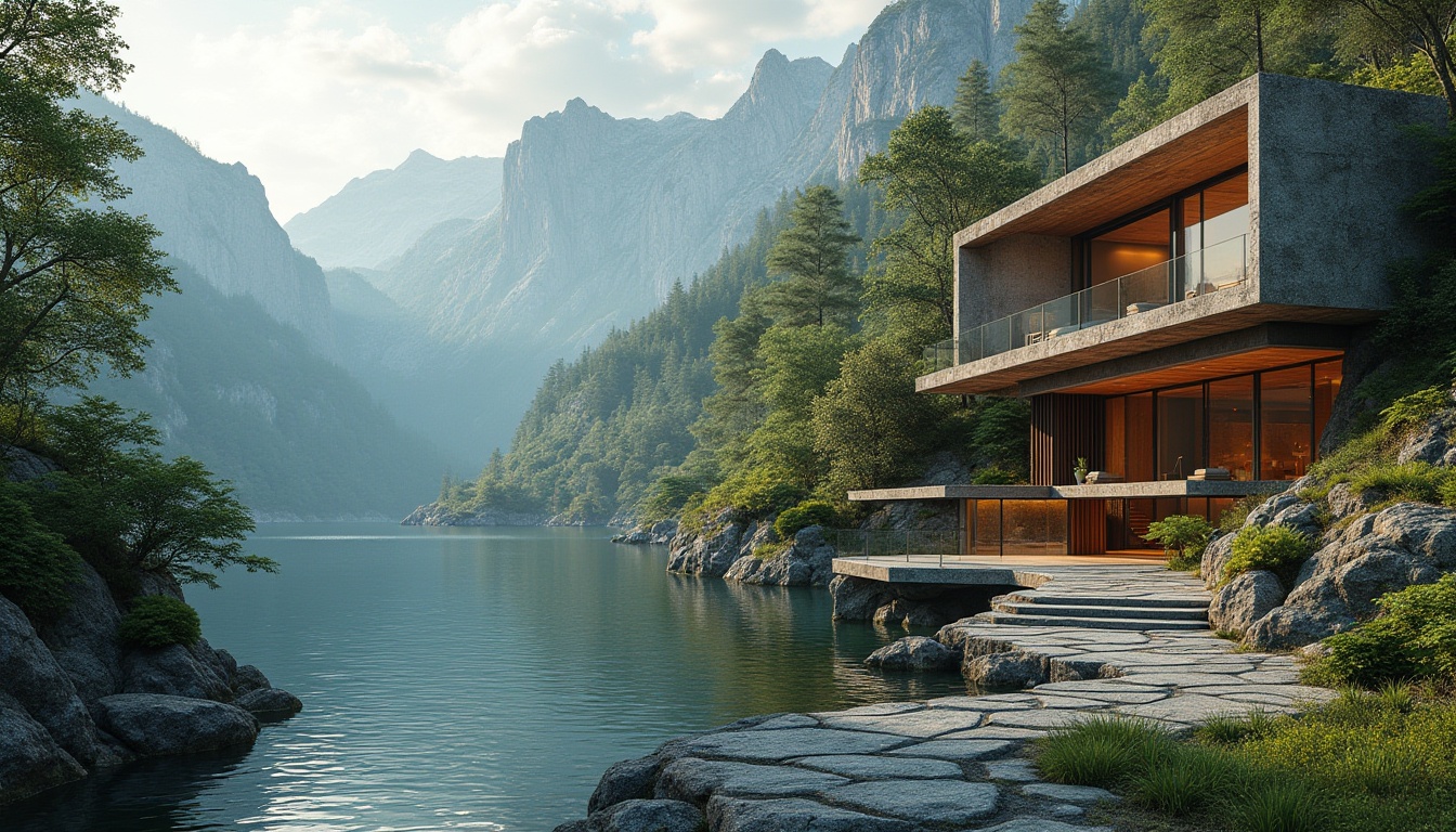 Prompt: Mountainous terrain, serene lakeside, lush green forests, winding stone pathways, rustic wooden bridges, modern architectural elements, cantilevered roofs, floor-to-ceiling windows, sliding glass doors, natural stone cladding, weathered wood accents, eco-friendly materials, sustainable design principles, seamless indoor-outdoor transitions, panoramic views, shallow depth of field, 3/4 composition, warm soft lighting, realistic textures, ambient occlusion.