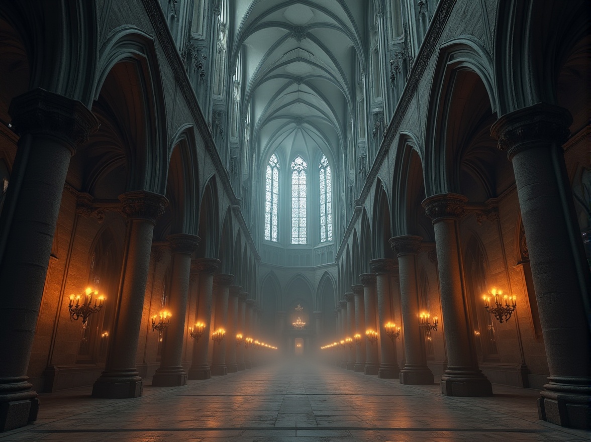 Prompt: Intricate Gothic arches, ribbed vaults, grandiose spires, steel framework, modern materials, ornate stone carvings, stained glass windows, majestic entranceways, towering heights, dramatic lighting effects, mysterious ambiance, foggy atmosphere, misty mornings, atmospheric perspective, 1/2 composition, warm softbox lighting, detailed textures, subtle ambient occlusion.