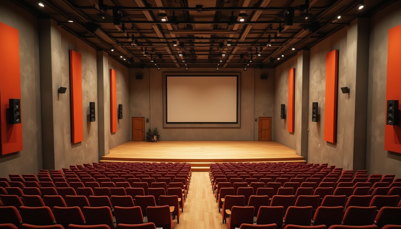 Prompt: Bauhaus-style auditorium, minimalist decor, industrial materials, exposed ductwork, concrete walls, steel beams, wooden floors, geometric shapes, functional lighting, adjustable acoustic panels, sound-absorbing materials, resonant frequencies, optimal seating arrangement, clear sightlines, dramatic stage lighting, warm color scheme, intimate atmosphere, precise sound reproduction, high-fidelity speakers, professional audio equipment, dynamic sound waves, 3/4 composition, cinematic view, realistic textures, ambient occlusion.