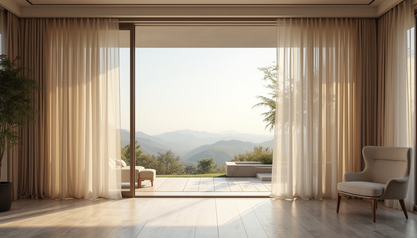 Prompt: Floor-to-ceiling windows, minimalist villas, modern architecture, sleek lines, luxury fabrics, flowing drapes, metallic accents, subtle patterns, natural light filtering, soft warm ambiance, 1/1 composition, shallow depth of field, panoramic view, realistic textures, ambient occlusion, stylish valances, elegant tiebacks, ornate finials, sophisticated roller shades, chic panel glides, refined roman shades, luxurious silk fabrics, crisp linen textures, subtle sheen finishes.