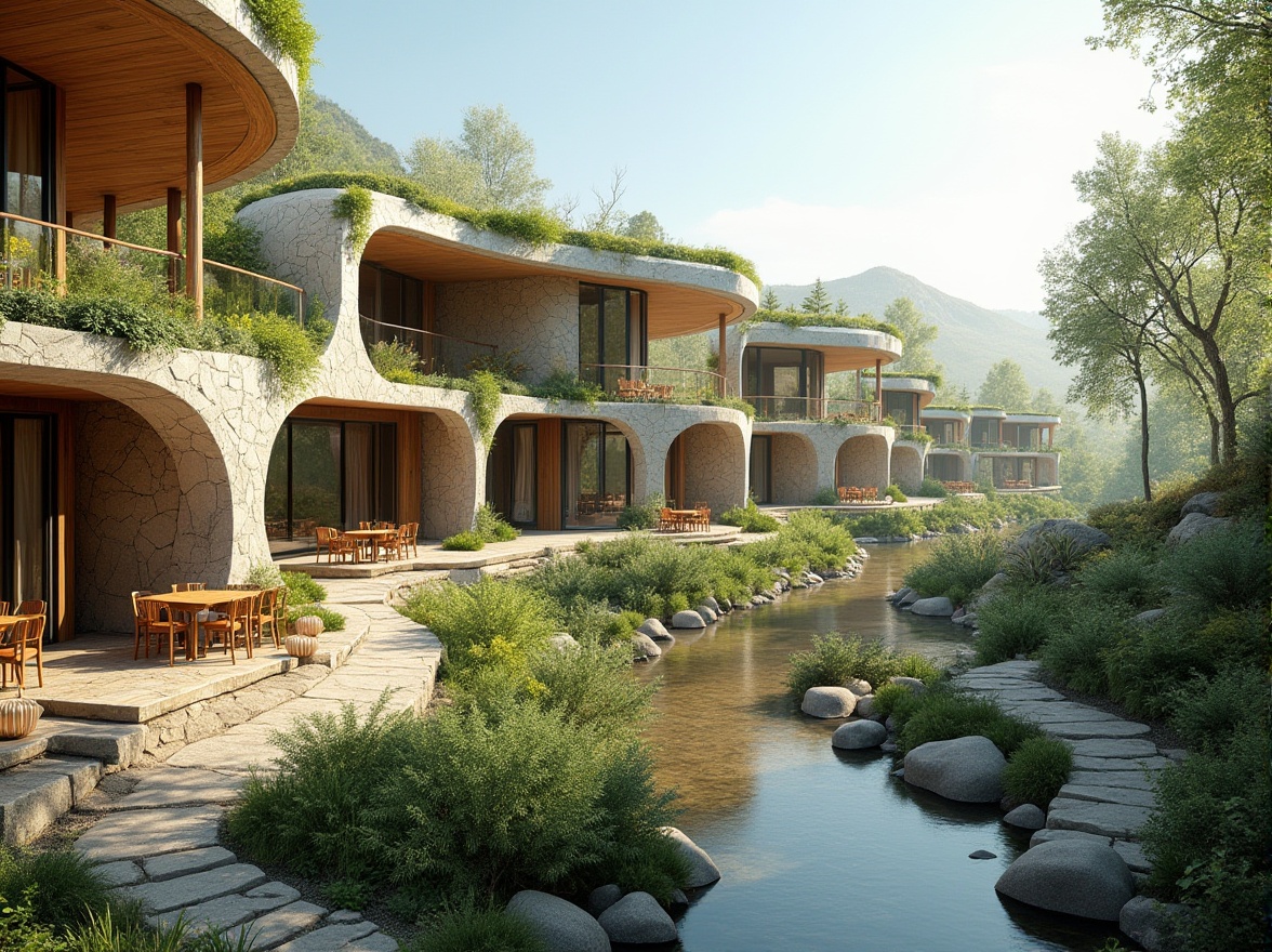 Prompt: Seamless landscape integration, curved architecture, natural stone facades, lush green roofs, cantilevered balconies, floor-to-ceiling windows, sliding glass doors, minimalist design, organic shapes, earthy color palette, rustic wood accents, serene water features, walking trails, native plant species, sunny day, soft warm lighting, shallow depth of field, 3/4 composition, panoramic view, realistic textures, ambient occlusion.