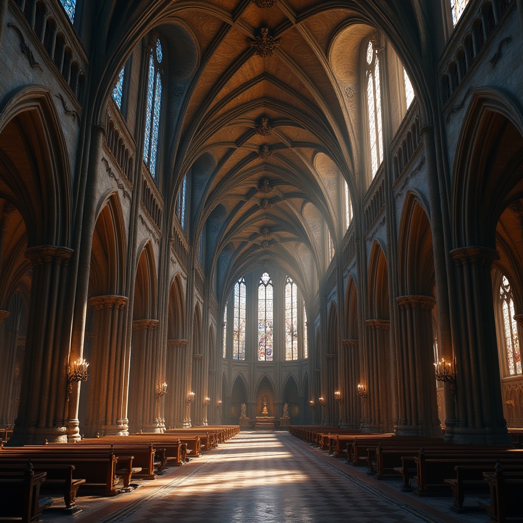 Prompt: Elegant Gothic cathedral, vaulted ceilings, ribbed arches, stained glass windows, ornate stone carvings, grandiose architecture, dramatic lighting effects, mystical ambiance, intricate frescoes, lavish decorations, richly textured fabrics, mysterious shadows, atmospheric fog, 1/1 composition, low-key warm lighting, realistic reflections.