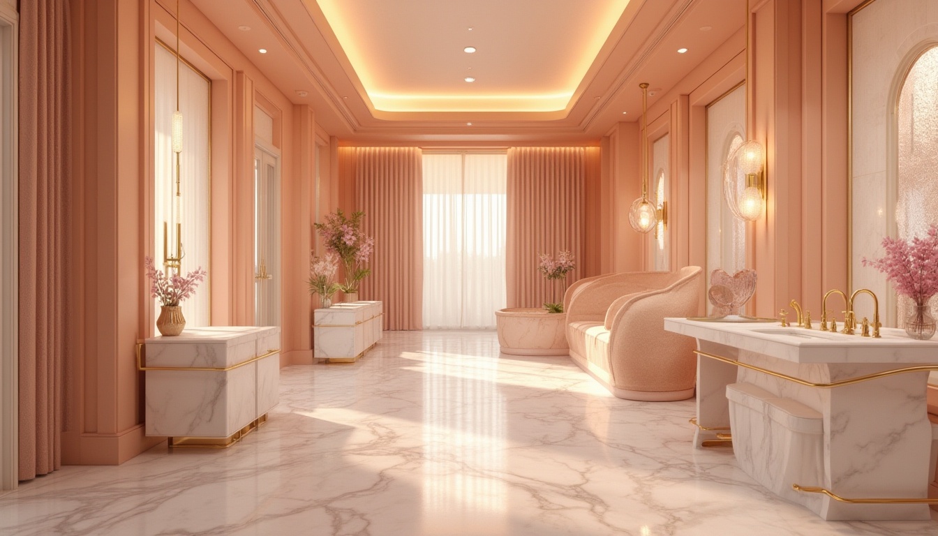 Prompt: Vibrant modern interior, pastel color scheme, soft peach tones, calming beige accents, rich wood textures, metallic gold fixtures, elegant marble countertops, sophisticated velvet fabrics, warm ambient lighting, shallow depth of field, 1/1 composition, realistic reflections, atmospheric misting effects.