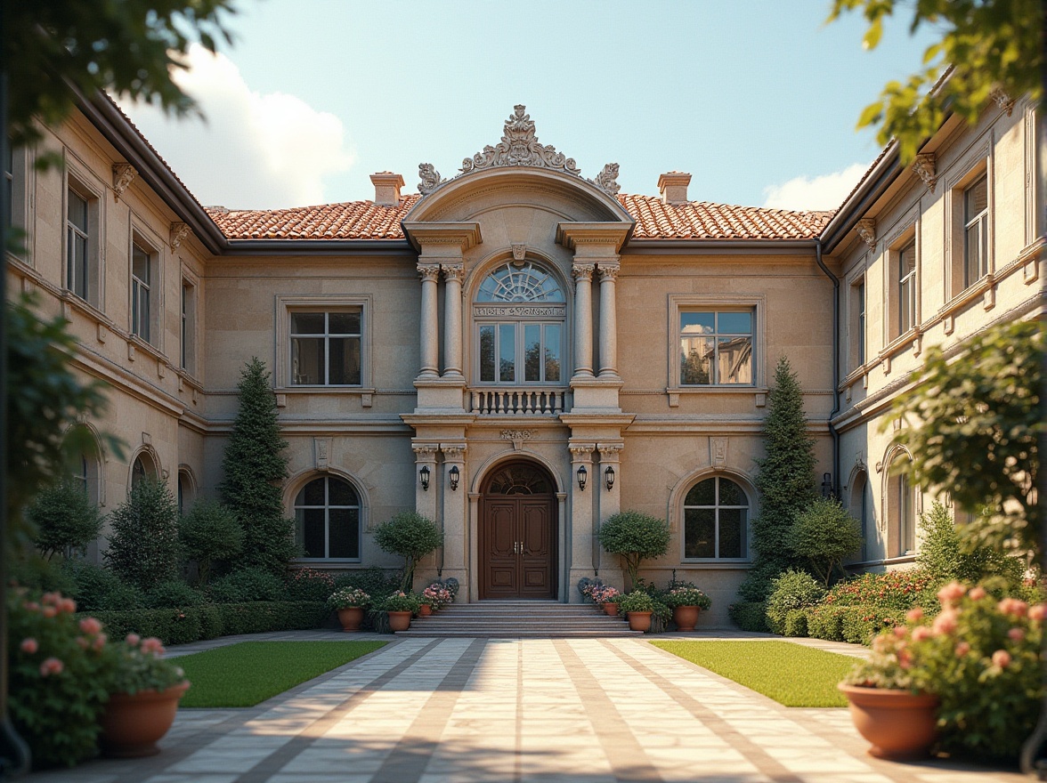 Prompt: Elegant middle school building, classicism facade, symmetrical composition, ornate details, Corinthian columns, arched windows, rusticated stone walls, terracotta roofing, vintage lanterns, lush greenery, blooming flowers, tranquil courtyard, soft natural lighting, shallow depth of field, 1/1 composition, realistic textures, ambient occlusion.