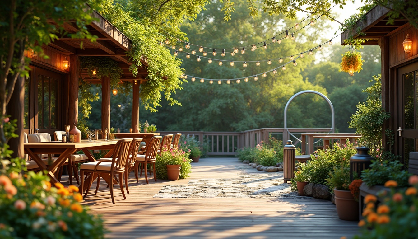 Prompt: Vibrant garden patio, lush greenery, colorful flowers, wooden decking, comfortable outdoor furniture, string lights, lanterns, natural stone pathways, water features, small ponds, modern sculptures, sunny day, warm ambient lighting, shallow depth of field, 1/2 composition, realistic textures, ambient occlusion.