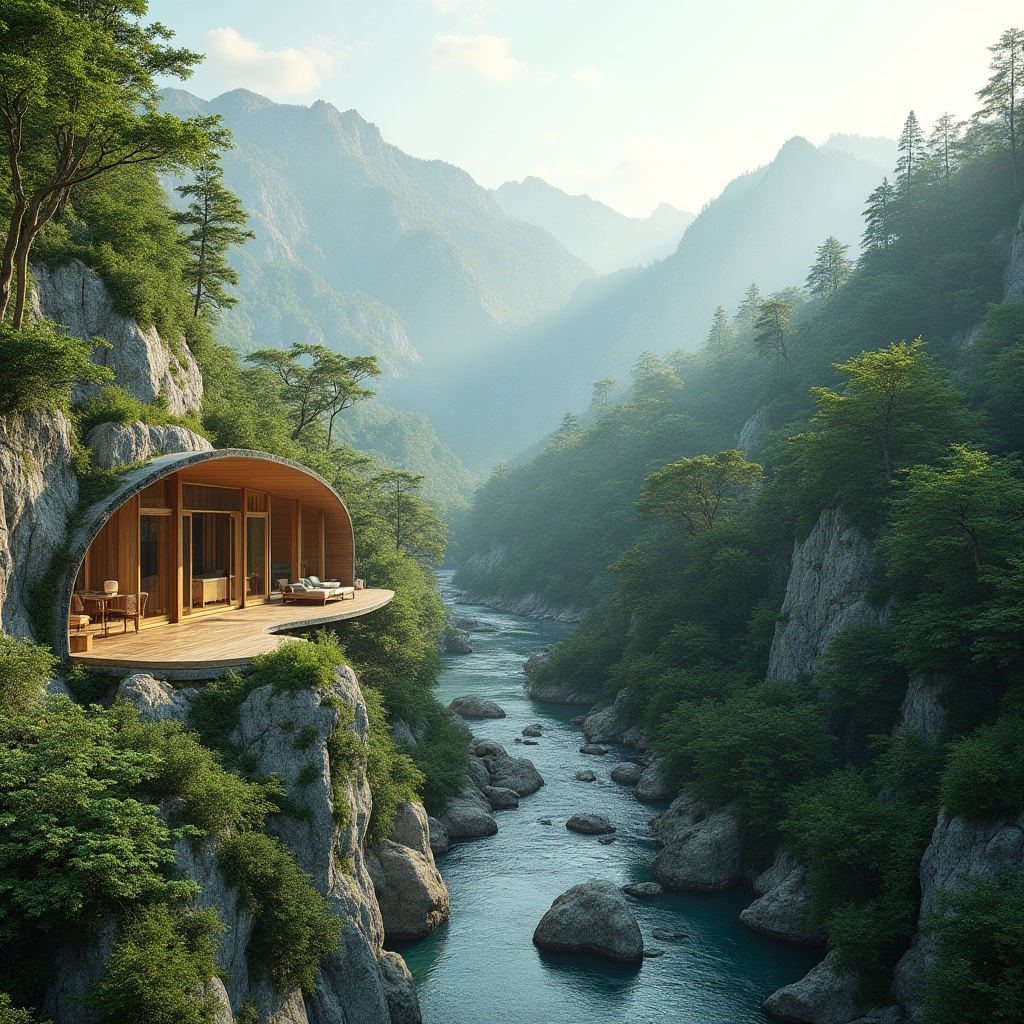 Prompt: Serene mountainous backdrop, lush green forests, meandering rivers, natural rock formations, blending modern architecture, sustainable design, eco-friendly materials, large windows, sliding glass doors, cantilevered roofs, curved lines, organic shapes, minimalist decor, seamless transitions, panoramic views, warm soft lighting, shallow depth of field, 3/4 composition, realistic textures, ambient occlusion.