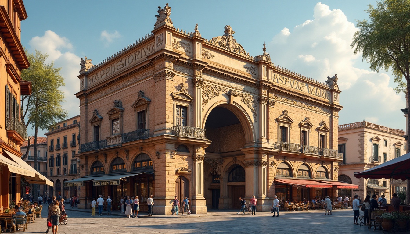 Prompt: Renaissance-style market building, ornate facade, grand entrance arches, decorative cornices, ornamental columns, intricate stone carvings, rustic brick walls, wooden shutters, vibrant colorful awnings, bustling street scene, lively atmosphere, warm sunny day, soft natural lighting, shallow depth of field, 1/2 composition, realistic textures, ambient occlusion.