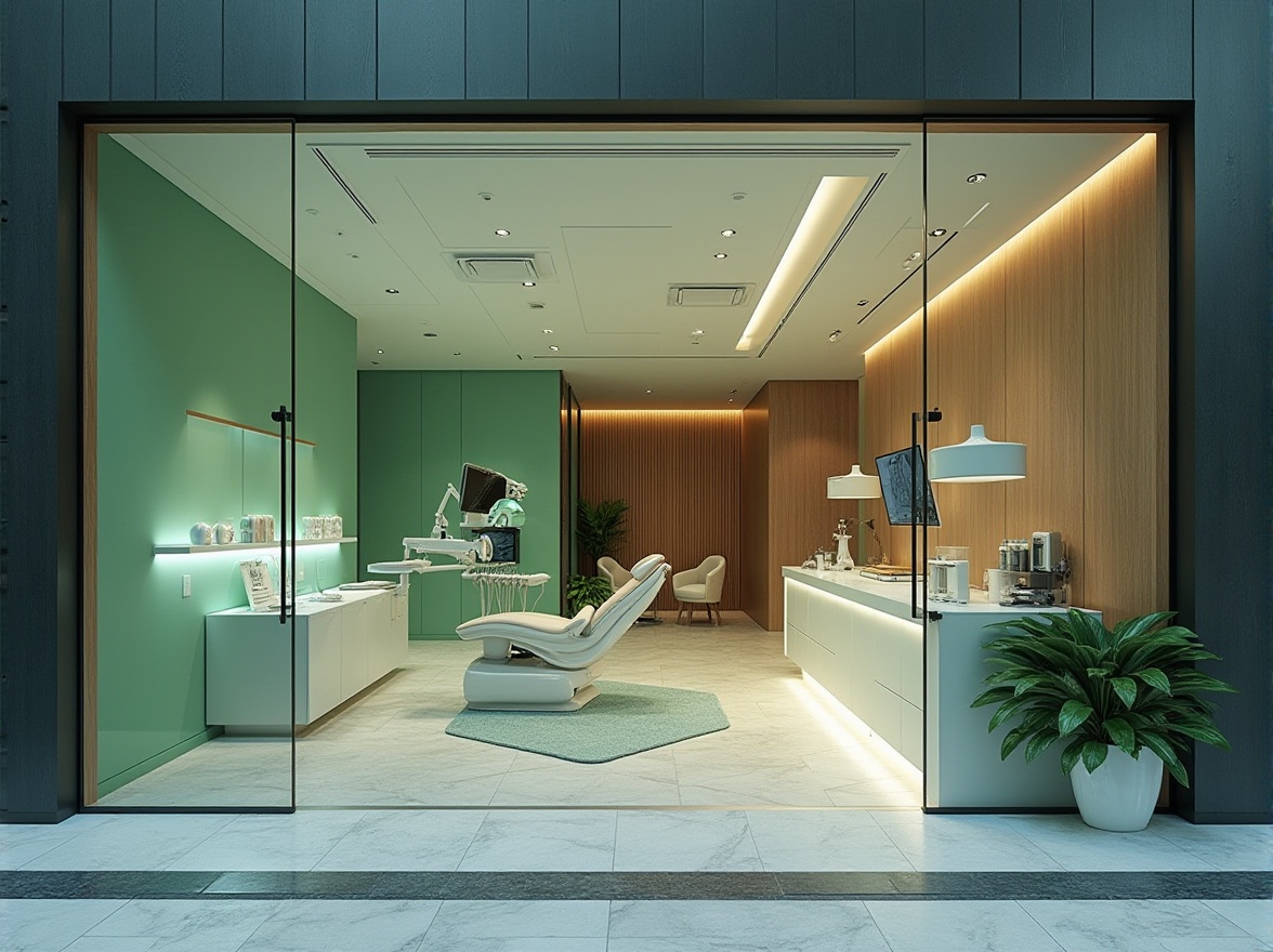 Prompt: Modern dental clinic, sleek glass facade, minimalist architecture, subtle LED lighting, calming green walls, natural stone floors, wooden accents, geometric patterns, futuristic equipment displays, sterile white interiors, comfortable waiting areas, soothing ambiance, shallow depth of field, 1/1 composition, softbox lighting, realistic textures, ambient occlusion.