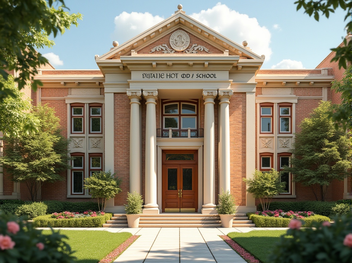 Prompt: Elegant middle school facade, classical pediment, grand entrance, ornate columns, carved stone details, symmetrical composition, balanced proportions, earthy tone brick walls, cream-colored cornices, rich wooden doors, bronze hardware, lush greenery, blooming flowers, tranquil courtyard, soft natural lighting, warm afternoon sun, shallow depth of field, 1/1 composition, realistic textures, ambient occlusion.