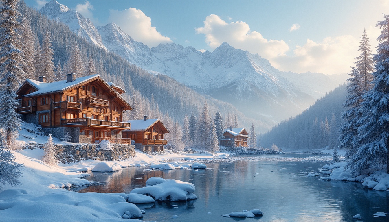 Prompt: Snow-capped mountains, frosty mornings, icy lakes, ski resort architecture, wooden chalets, rustic cabins, snowy pine trees, frozen waterfalls, warm fireplaces, cozy lodges, vintage ski equipment, retro-inspired color schemes, earthy tones, rich woods, creamy whites, icy blues, vibrant reds, bold yellows, natural textures, rough stone walls, reclaimed wood accents, snowy landscapes, misty mountains, soft morning light, golden hour glow, shallow depth of field, 1/1 composition, panoramic view, realistic snow effects, ambient occlusion.