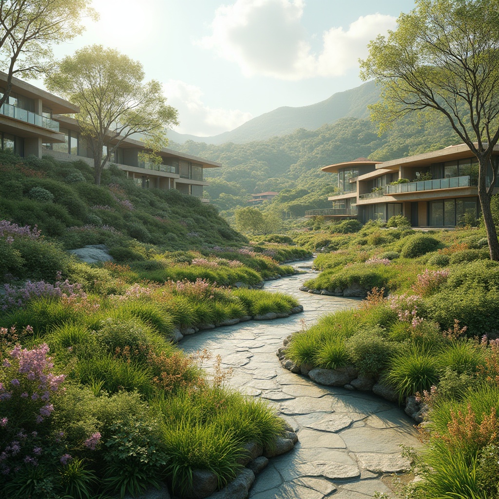 Prompt: Harmonious landscape integration, rolling hills, verdant greenery, meandering pathways, serene water features, natural stone walls, sleek modern buildings, cantilevered rooflines, floor-to-ceiling windows, seamless indoor-outdoor transitions, organic architecture, sustainable design principles, eco-friendly materials, native plant species, vibrant colorful blooms, warm sunny day, soft diffused lighting, 1/1 composition, symmetrical framing, realistic textures, ambient occlusion.