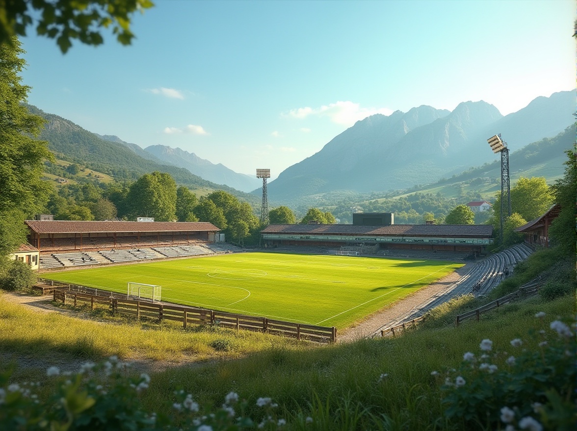 Prompt: Rural football stadium, lush green grass, natural rolling hills, rustic wooden fences, vintage scoreboard, rural landscape views, distant mountain ranges, clear blue sky, warm sunny day, soft diffused lighting, shallow depth of field, 3/4 composition, panoramic view, realistic textures, ambient occlusion, winding stone pathways, wildflower meadows, deciduous tree clusters, gravel parking lots, rustic metal bleachers, vintage-style stadium lights, nostalgic atmosphere.