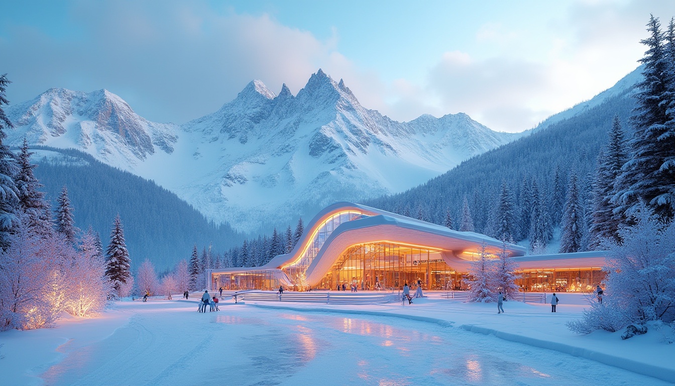 Prompt: Snow-capped mountain peaks, frosty winter scenery, ski center facade, vibrant expressionist colors, abstract geometric patterns, dynamic angular lines, futuristic materials, glowing LED lights, icy blue glass surfaces, metallic accents, minimalist decor, modern avant-garde architecture, panoramic views, realistic snow textures, shallow depth of field, 1/1 composition, soft warm lighting, stylized ski lifts, wooden accents, bold typography, abstract sculptures, winter sports equipment.