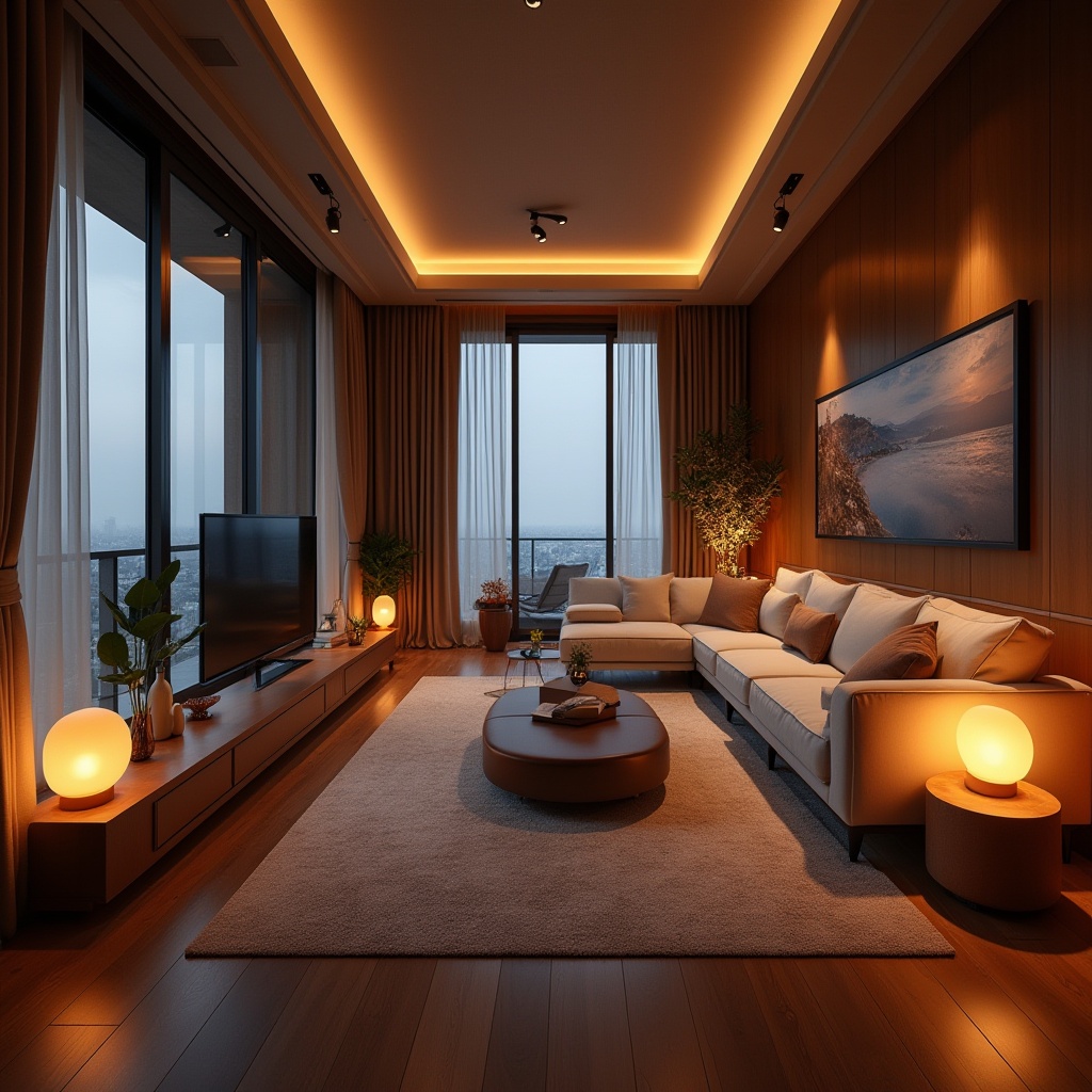 Prompt: Luxurious living room, warm ambient lighting, soft glowing lamps, comfortable seating area, rich wood flooring, elegant furniture, floor-to-ceiling windows, sheer curtains, natural daylight, artificial lighting fixtures, recessed lights, track lights, pendant lights, chandeliers, dimmable switches, energy-efficient LED bulbs, cozy reading nook, relaxing atmosphere, warm color temperature, high ceilings, spacious interior, 1/1 composition, soft focus, shallow depth of field.