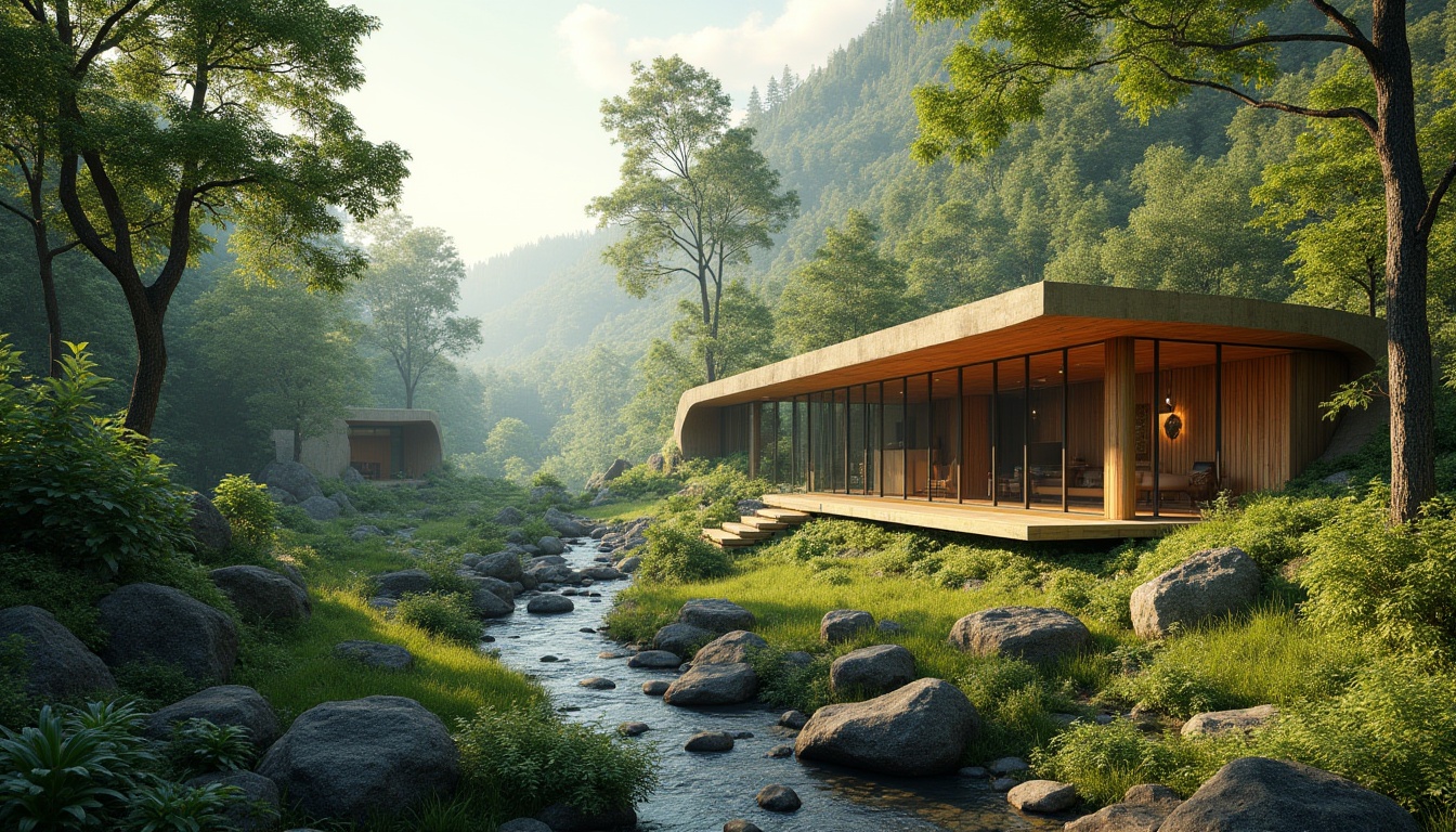 Prompt: Seamless landscape integration, lush green forests, meandering streams, rocky outcrops, native flora, wildlife habitats, eco-friendly architecture, curved lines, organic shapes, natural stone walls, reclaimed wood accents, large windows, sliding glass doors, panoramic views, warm sunny day, soft diffused lighting, 1/1 composition, realistic textures, ambient occlusion.