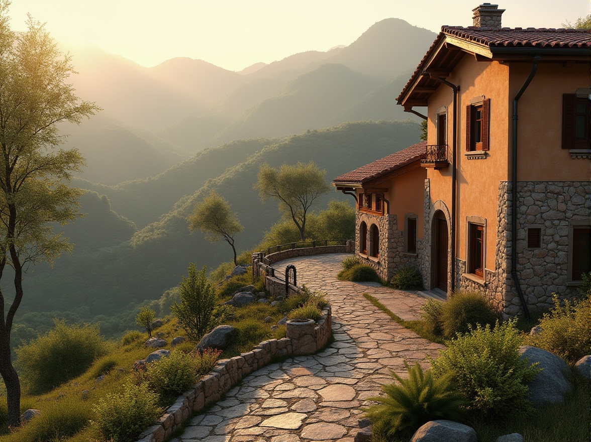 Prompt: Earth-toned facade, regionalism architecture, curved lines, natural stone cladding, wooden accents, overhanging eaves, sloping roofs, rustic charm, rural landscape, rolling hills, verdant surroundings, misty morning, warm golden lighting, soft focus, 1/2 composition, atmospheric perspective, realistic materials, detailed textures.