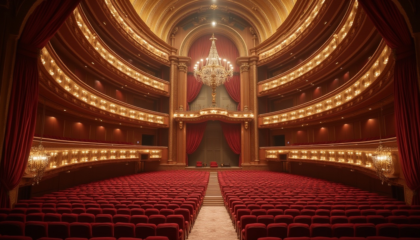 Prompt: Sleek opera house interior, curved lines, minimalist decor, luxurious velvet curtains, grand staircase, ornate balconies, rich wood accents, polished marble floors, modern chandeliers, state-of-the-art acoustic systems, plush red seats, intricate gold molding, dramatic spotlights, 3/4 composition, low-angle shot, warm golden lighting, shallow depth of field, realistic reflections.