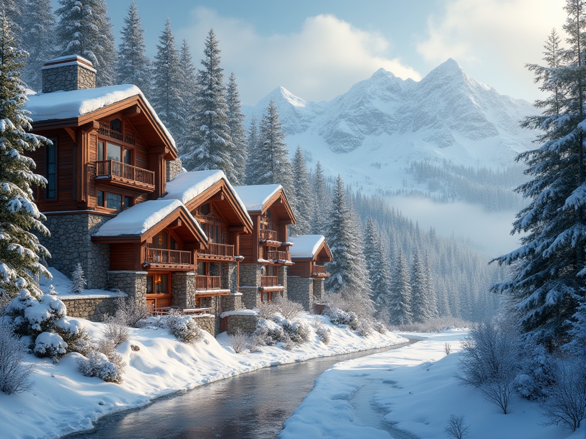 Prompt: Winter mountain landscape, snow-capped peaks, frosty mornings, ski resort architecture, wooden chalets, stone fireplaces, cozy interior spaces, warm lighting, rich wood tones, earthy color palette, moss green, rusty red, creamy white, icy blue, snowy whites, frozen lakes, pine trees, snowflakes, gentle mist, soft focus, atmospheric perspective, 1/2 composition, natural textures, ambient occlusion.