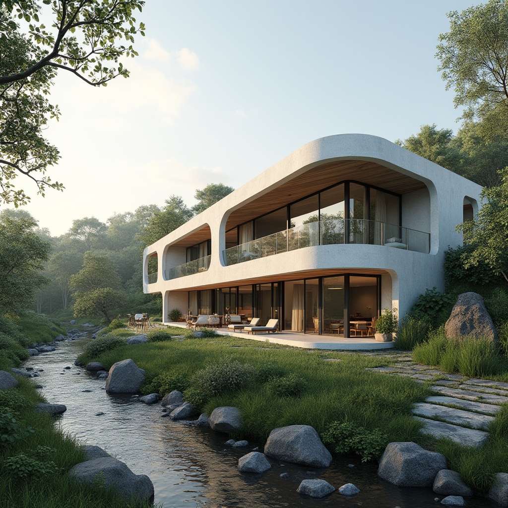 Prompt: Curved villa silhouette, streamlined modern fa\u00e7ade, silver metallic accents, floor-to-ceiling windows, sliding glass doors, minimalist balconies, cantilevered rooflines, sleek stucco exterior, horizontal wooden slats, lush greenery surroundings, serene stream flowing, natural stone pathways, warm sunny day, soft diffused lighting, shallow depth of field, 3/4 composition, panoramic view, realistic textures, ambient occlusion.