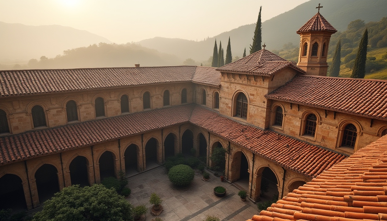 Prompt: Monastery rooftop, terracotta tiles, curved lines, ornate details, rustic stone walls, wooden beams, stained glass windows, vaulted ceilings, arched doorways, tranquil atmosphere, misty morning, soft warm lighting, shallow depth of field, 1/1 composition, symmetrical view, realistic textures, ambient occlusion, regionalism-inspired architecture, Mediterranean colors, earthy tones, natural materials, sustainable design, eco-friendly systems, green roofs, solar panels, innovative water harvesting.