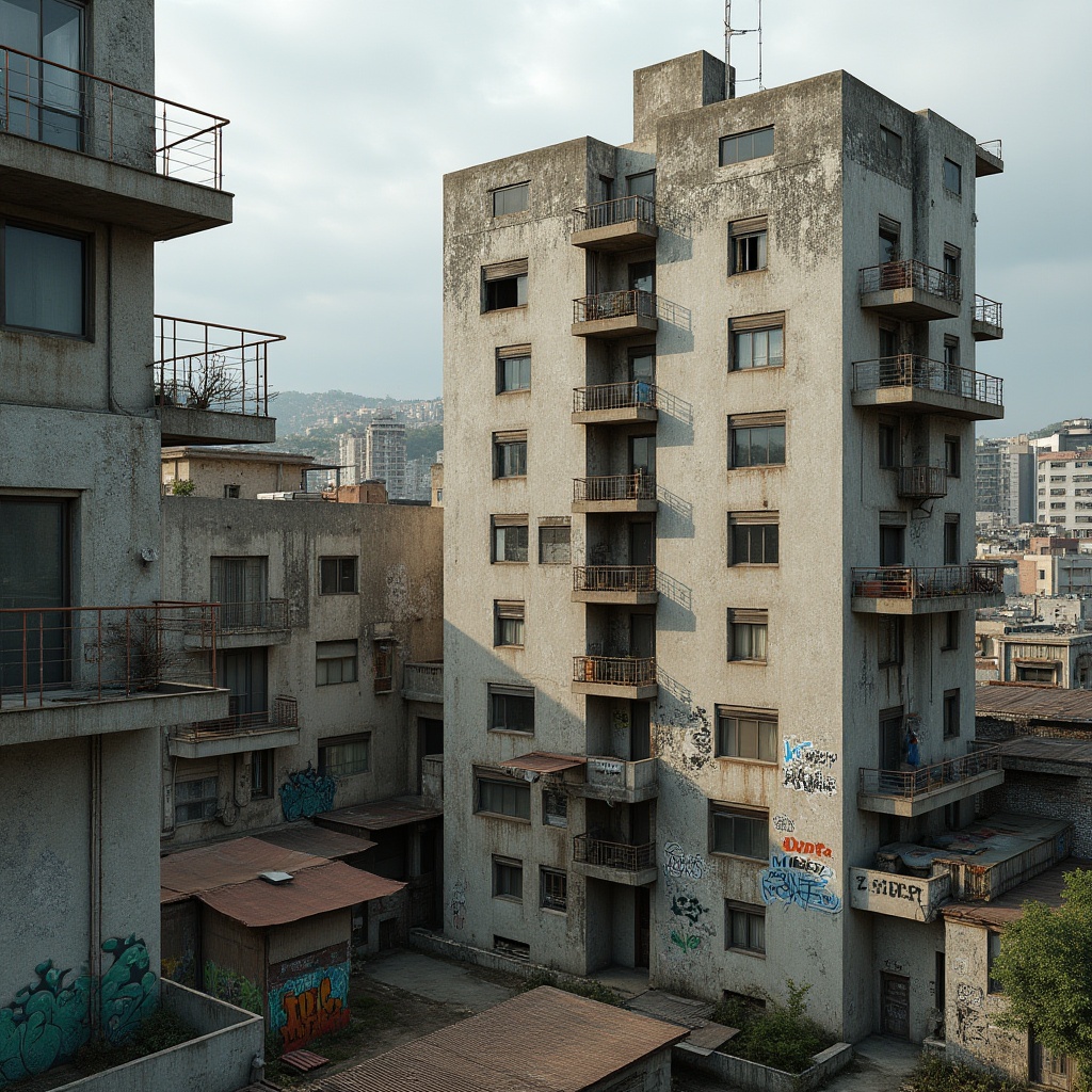 Prompt: Rustic social housing, brutalist architecture, raw concrete textures, bold structural elements, geometric patterns, urban landscape, dense cityscape, modernist aesthetic, functional layout, minimalist design, rectangular forms, angular lines, industrial materials, metal railings, wooden accents, vibrant street art, urban graffiti, cloudy sky, soft natural lighting, 1/1 composition, realistic render, ambient occlusion.